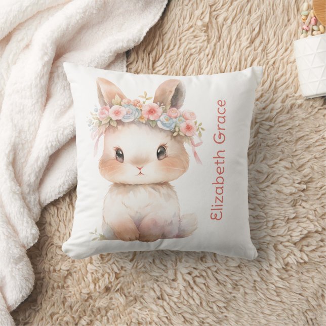 Baby Bunny Monogram Name Gift Baby Girl Nursery Throw Pillow (Blanket)