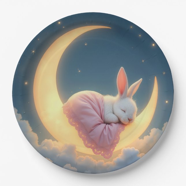 Baby Bunny On a Crescent Moon Paper Plate (Front)