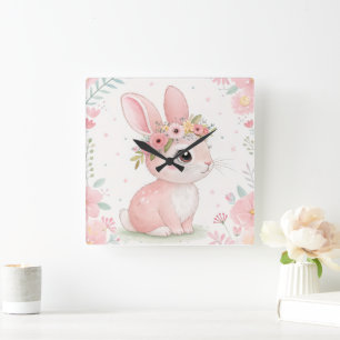 Baby Bunny Princess with Floral Crown – Soft Pink  Square Wall Clock