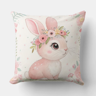 Baby Bunny Princess with Floral Crown – Soft Pink Throw Pillow