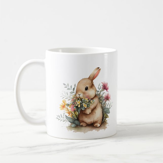 Baby Bunny Rabbit with Purple Yellow Flowers Coffee Mug (Left)