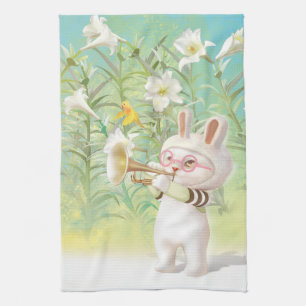 Baby Bunny Trumpet Player with Bird in Lily Garden Kitchen Towel