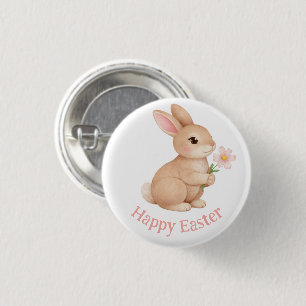 Baby Bunny with Pink Flower Happy Easter 1 Inch Round Button