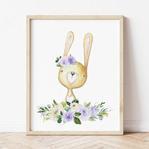 Baby Bunny, Woodland Animals, Boho, Purple Flowers Photo Print