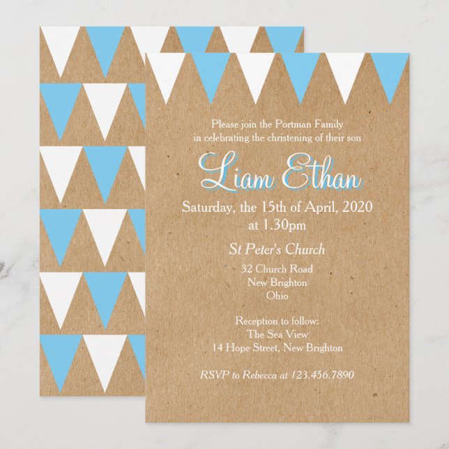 Baby Bunting Baptême Bleu Christening Invitation (Devant / Derrière)