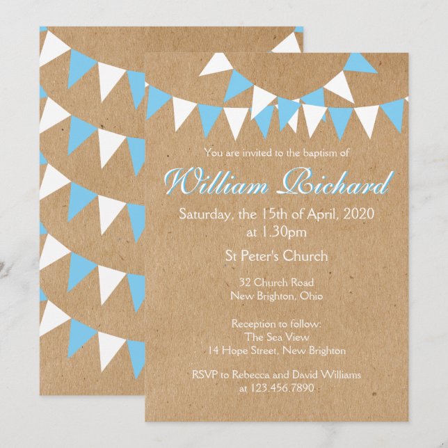 Baby Bunting Baptême Bleu Christening Invitation (Devant / Derrière)