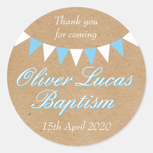 Baby Bunting Blue Baptism Christening Favour Classic Round Sticker (Front)