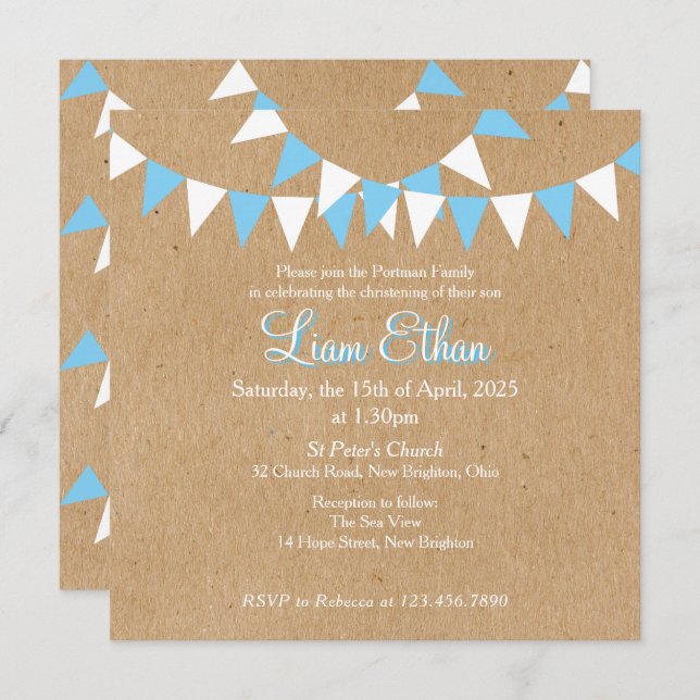 Baby Bunting Blue Baptism Christening Invitation (Front/Back)