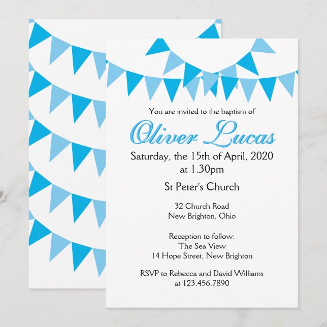 Baby Bunting Blue Baptism Christening Invitation (Front/Back)