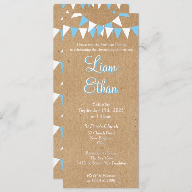 Baby Bunting Blue Baptism Christening Invitation (Front/Back)