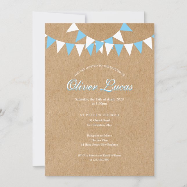 Baby Bunting Blue Baptism Christening Rustic Invitation (Front)
