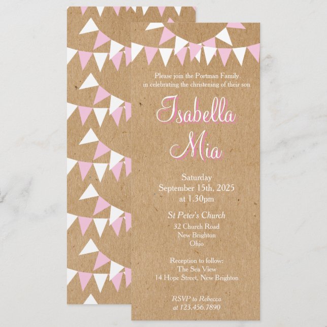 Baby Bunting Pink Baptême Christening Invitation (Devant / Derrière)