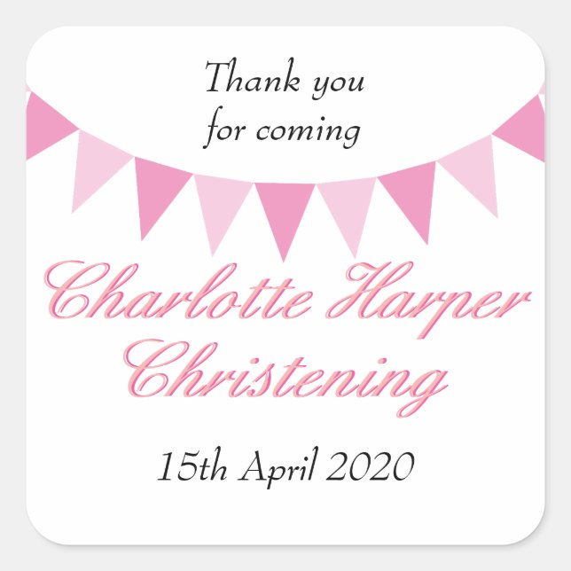 Baby Bunting Pink Baptism Christening Favour Square Sticker (Front)