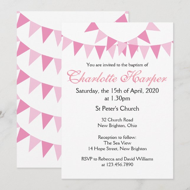 Baby Bunting Pink Baptism Christening Invitation (Front/Back)