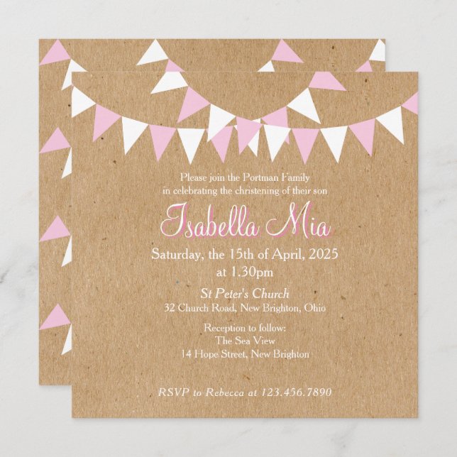 Baby Bunting Pink Baptism Christening Invitation (Front/Back)