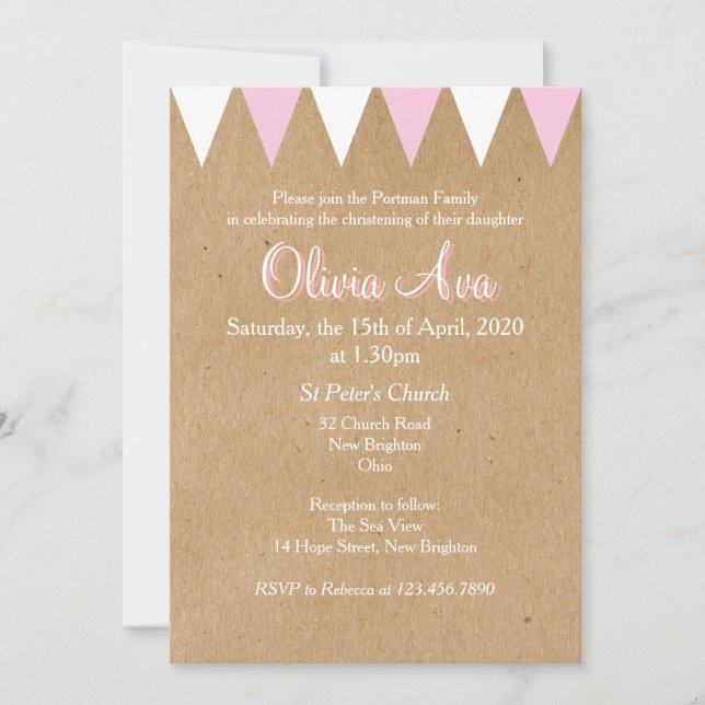 Baby Bunting Pink Baptism Christening Invitation (Front)