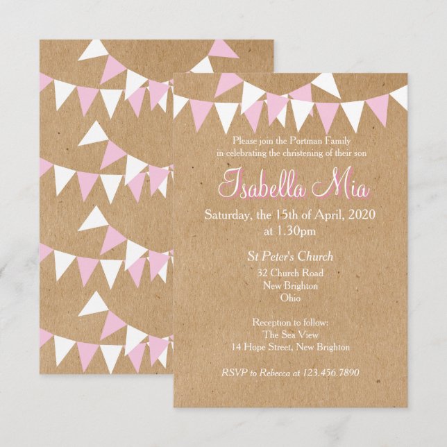 Baby Bunting Pink Baptism Christening Invitation (Front/Back)