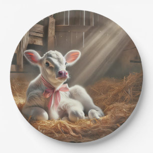 Baby Calf In Sunlit Barn Stall Paper Plate