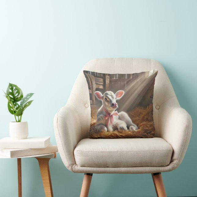 Baby Calf In Sunlit Barn Stall Throw Pillow (Chair)
