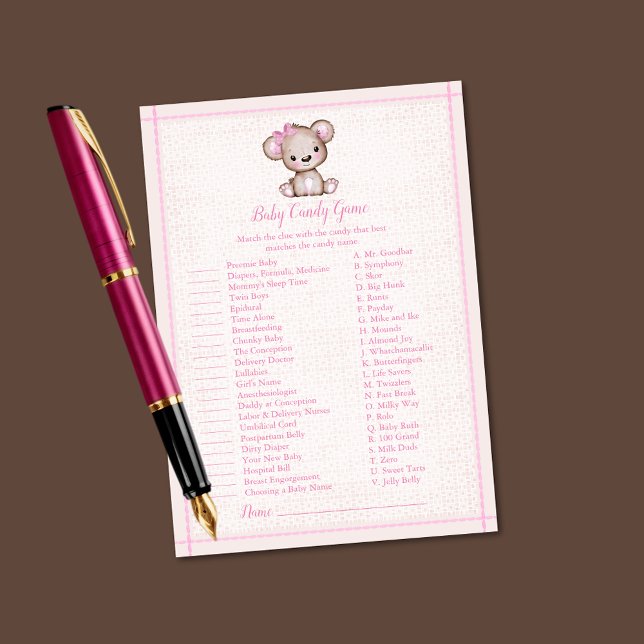 Baby Candy Cute Brown Bear Girl Shower Game Card (Creator Uploaded)