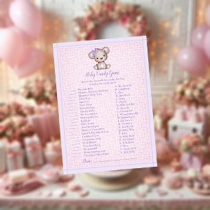 Baby Candy Cute Purple Bear Girl Shower Game Card