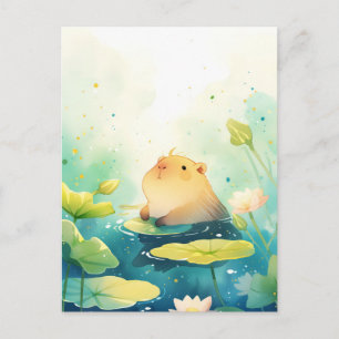 Baby Capybara on Lily Pad in White Lotus Pond Postcard