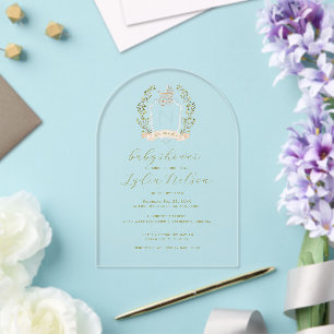 Baby Carriage Crest Monogram Blue Baby Shower Acrylic Invitations