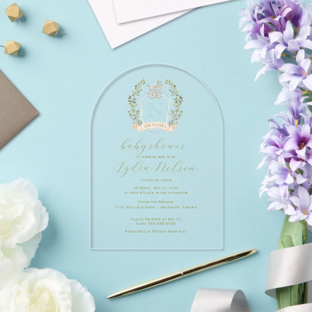 Baby Carriage Crest Monogram | Blue Baby Shower Acrylic Invitations (Insitu (Wedding))