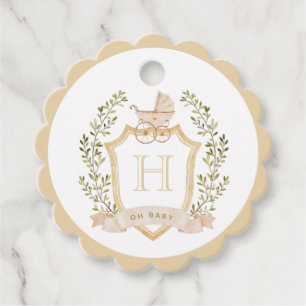 Baby Carriage Crest Monogram   Neutral Baby Shower Favour Tags