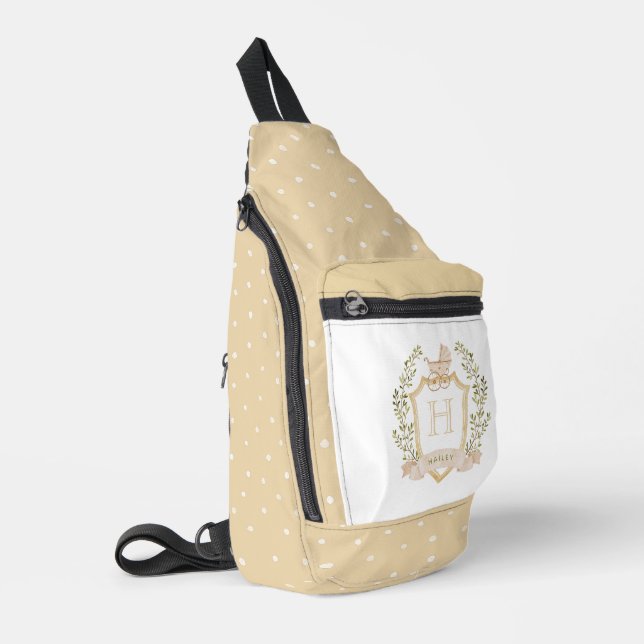 Baby Carriage Crest Monogram | Neutral Baby  Sling Bag (Left Corner)