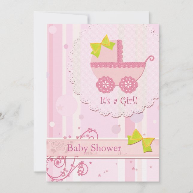 Baby Carriage It's a Girl! Pink Baby Shower Invitation (Front)
