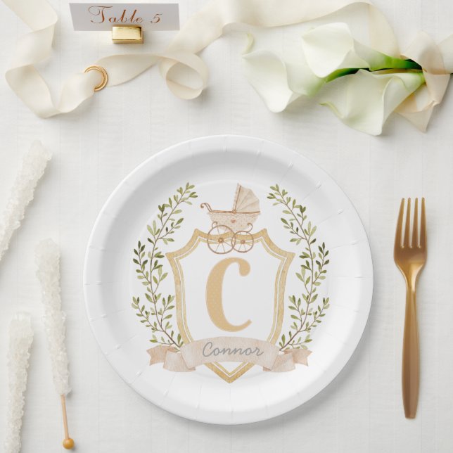 Baby Carriage Monogram "C" | Neutral  Paper Plate (Wedding)