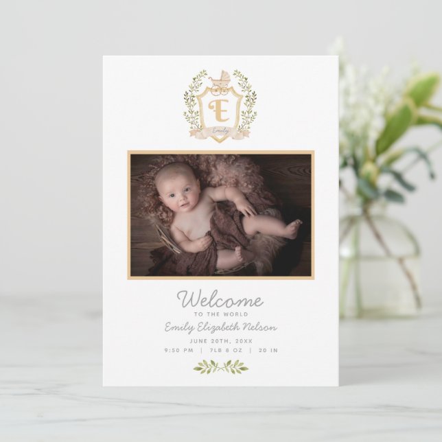 Baby Carriage Monogram E | Neutral Birth  Announcement (Standing Front)
