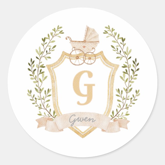 Baby Carriage Monogram G | Neutral  Classic Round Sticker (Front)