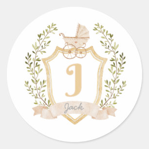 Baby Carriage Monogram J   Neutral  Classic Round Sticker
