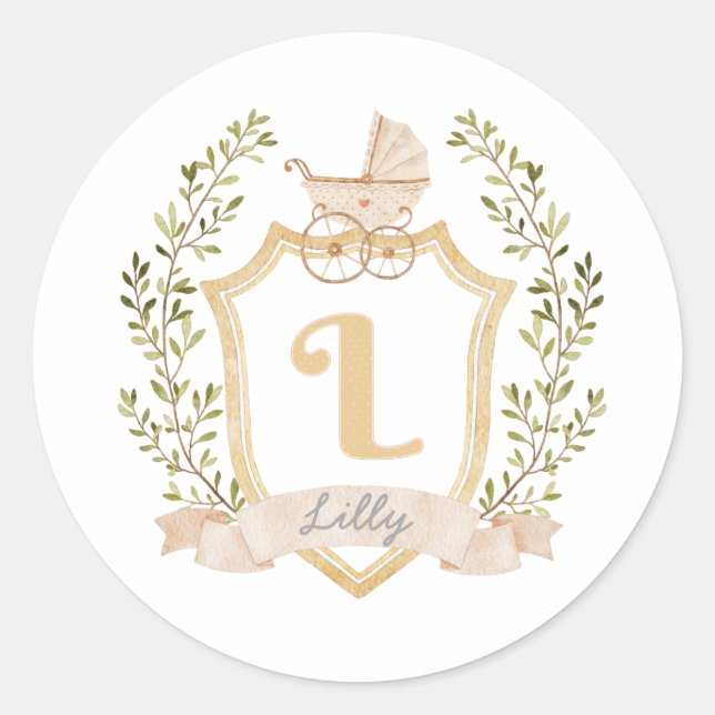 Baby Carriage Monogram L | Neutral  Classic Round Sticker (Front)