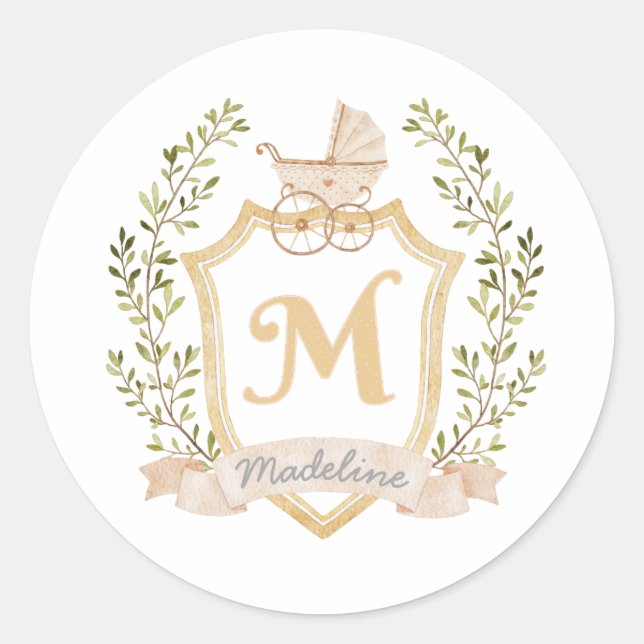 Baby Carriage Monogram M | Neutral  Classic Round Sticker (Front)