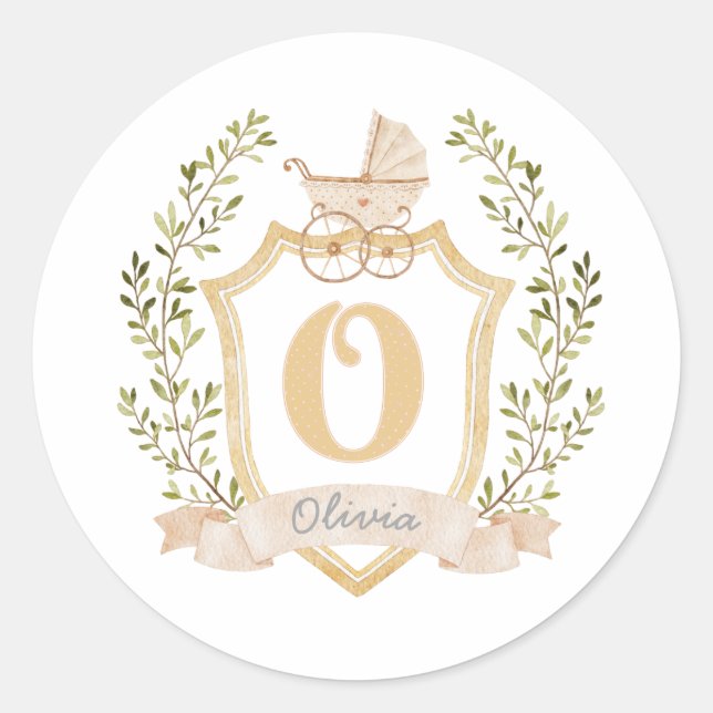 Baby Carriage Monogram O | Neutral  Classic Round Sticker (Front)