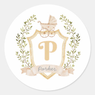 Baby Carriage Monogram P   Neutral  Classic Round Sticker