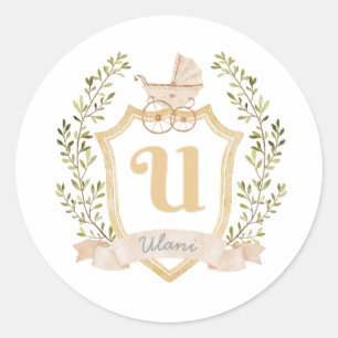 Baby Carriage Monogram U   Neutral  Classic Round Sticker