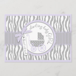 Baby Carriage, Zebra Print & Lavender Baby Shower Invitation