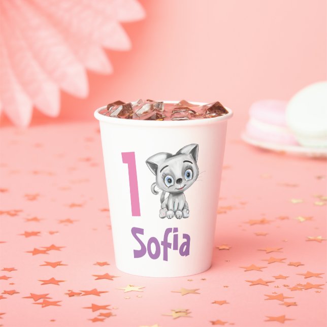 Baby Cat First Birthday Plaid Paper Cups | Custom  (Insitu)