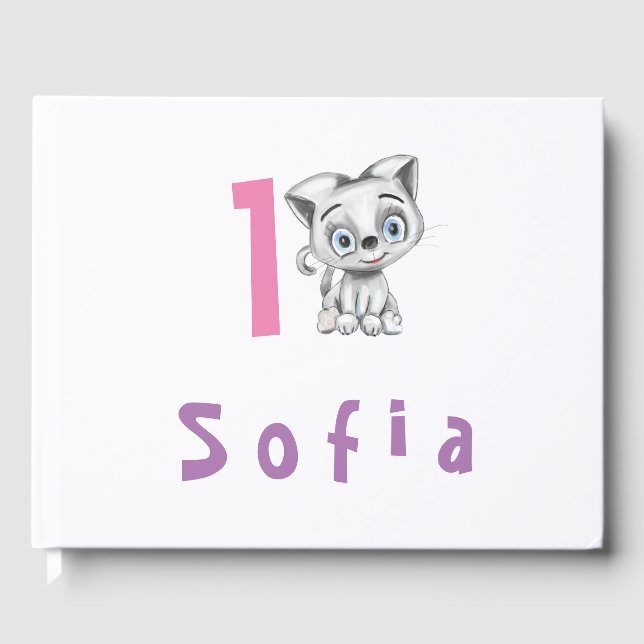 Baby Cat Plaid First Birthday Personalize Guest Book (Front)