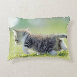 Baby cat running on grass field. accent pillow