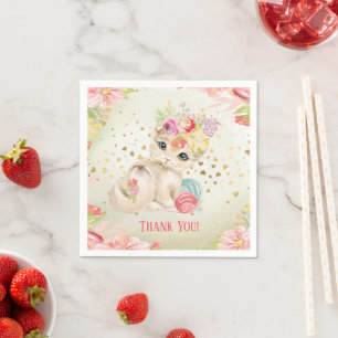 Baby Cat Watercolor Flowers Girl Birthday  Napkin