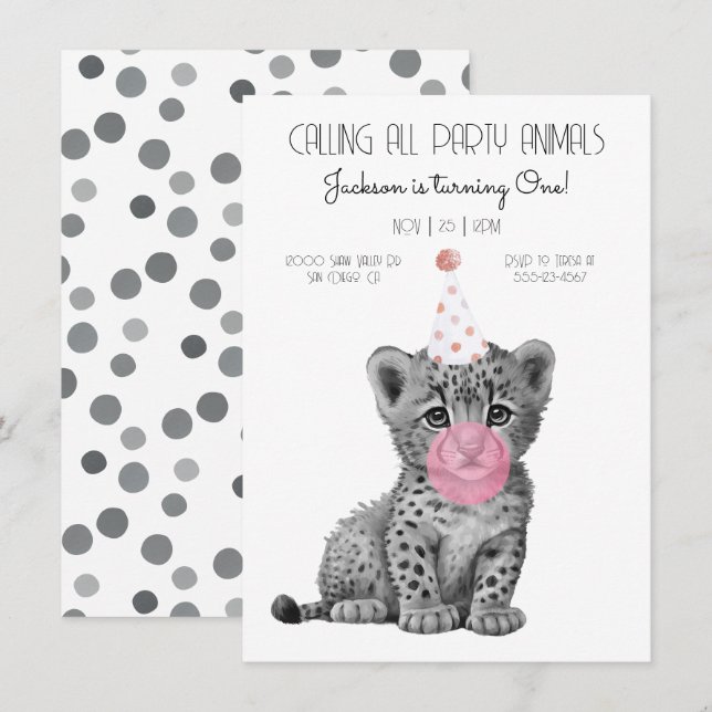 Baby cheetah black and white Birthday Invitation (Front/Back)