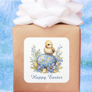 Baby Chick Happy Easter Egg Blue Yellow Flowers Square Sticker