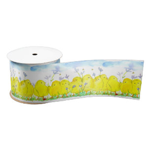 Baby Chickens Flowers Clouds Watercolor Satin Ribbon