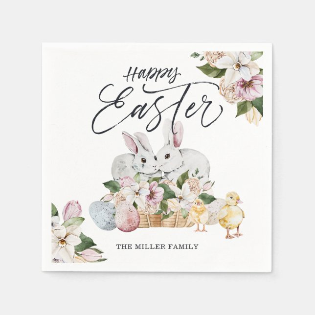 Baby Chicks & Bunnies | Happy Easter Party Napkin (Front)