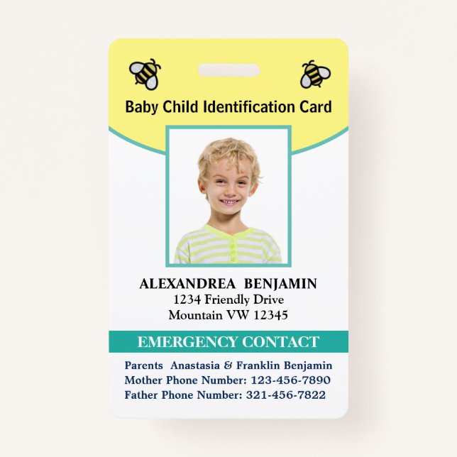 Baby Child Photo Name ID Identification Card  Badge (Front)